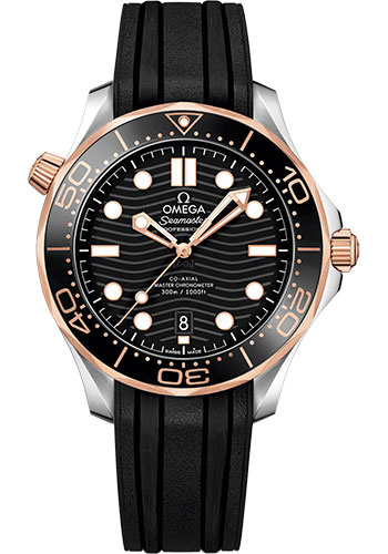 Omega Seamaster Diver 300M Co-Axial Master Chronometer Watch - 42 mm Steel And Sedna Gold Case - Unidirectional Bezel - Black Ceramic Dial - Black Rubber Strap