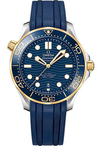 Omega Seamaster Diver 300M Co-Axial Master Chronometer Watch - 42 mm Steel And Yellow Gold Case - Unidirectional Bezel - Blue Ceramic Dial - Blue Rubber Strap