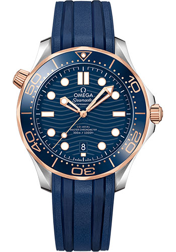 Omega Seamaster Diver 300M Co-Axial Master Chronometer Watch - 42 mm Steel And Sedna Gold Case - Unidirectional Bezel - Blue Ceramic Dial - Blue Rubber Strap