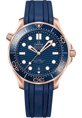 Omega Seamaster Diver 300M Omega Co-Axial Master Chronometer - 42 mm Sedna Gold Case - Blue Dial - Blue Rubber Strap