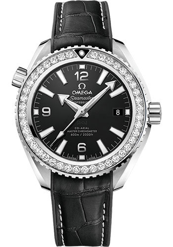 Omega Planet Ocean 600M Co-Axial Master Chronometer Watch - 39.5 mm Steel Case - Unidirectional Diamond Bezel - Black Dial - Black Leather Strap