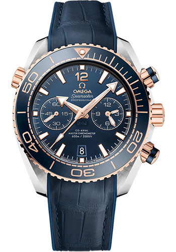 Omega Planet Ocean 600 M Omega Co-axial Master Chronometer Chronograph Watch - 45.5 mm Sedna Gold And Steel Case - Unidirectional Blue Ceramic Bezel - Blue Ceramic Dial - Blue Leather Strap