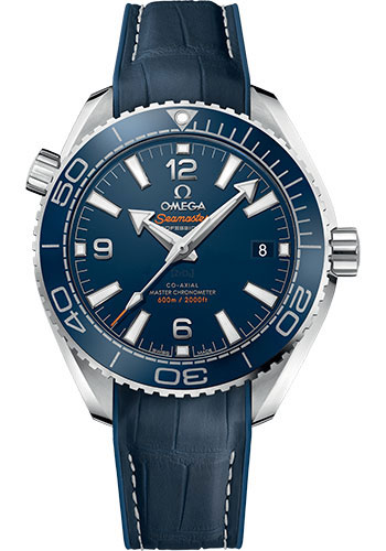 Omega Planet Ocean 600M Co-Axial Master Chronometer Watch - 39.5 mm Steel Case - Unidirectional Blue Cermaic Bezel - Black Dial - Blue Leather Strap