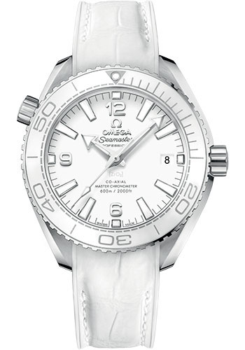 Omega Planet Ocean 600M Co-Axial Master Chronometer Watch - 39.5 mm Steel Case - Unidirectional White Cermaic Bezel - White Dial - White Leather Strap