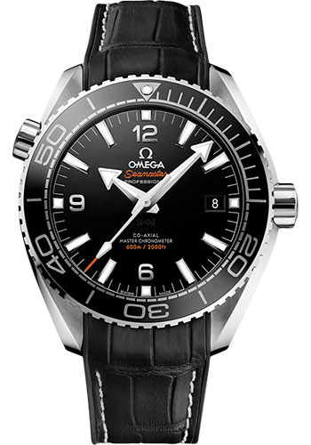 Omega Planet Ocean 600 M Omega Co-axial Master Chronometer Watch - 43.5 mm Steel Case - Unidirectional Black Ceramic Bezel - Black Ceramic Dial - Black Leather Strap