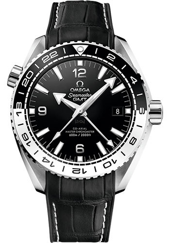 Omega Seamaster Planet Ocean 600 M Co-Axial Master Chronometer GMT Watch - 43.5 mm Steel Case - Bi-Directional Bezel - Black Ceramic Dial - Black Leather Strap