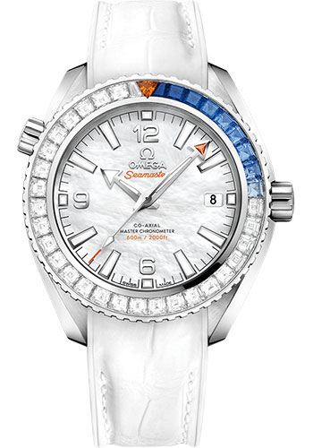 Omega Planet Ocean 600M Co-Axial Master Chronometer Limited Edition of 88 Watch - 39.5 mm White Gold Case - Unidirectional Diamond Bezel - Mother-Of-Pearl Dial - White Leather Strap