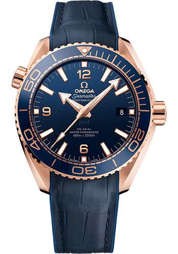 Omega Planet Ocean 600 M Omega Co-axial Master Chronometer Watch - 43.5 mm Sedna Gold Case - Unidirectional Blue Ceramic Bezel - Blue Ceramic Dial - Blue Leather Strap