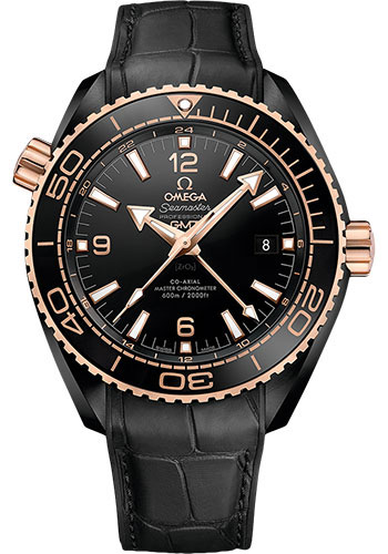 Omega Planet Ocean 600 M Omega Co-axial Master Chronometer GMT Deep Black Watch - 45.5 mm Black Ceramic Case - Sedna Gold Unidirectional Bezel - Black Dial - Black Water Resistant Leather Strap