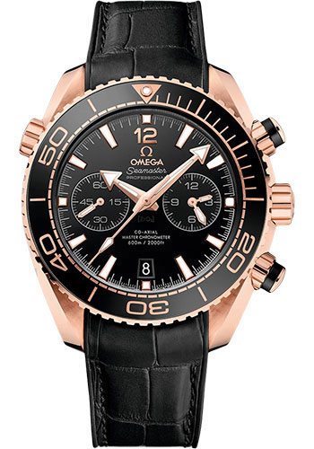 Omega Planet Ocean 600 M Omega Co-axial Master Chronometer Chronograph Watch - 45.5 mm Sedna Gold Case - Unidirectional Black Ceramic Bezel - Black Ceramic Dial - Black Leather Strap