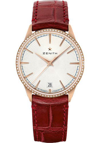Zenith Elite Classic Watch - Rose Gold - Diamond Bezel - Silver Dial - Burgundy Alligator Strap