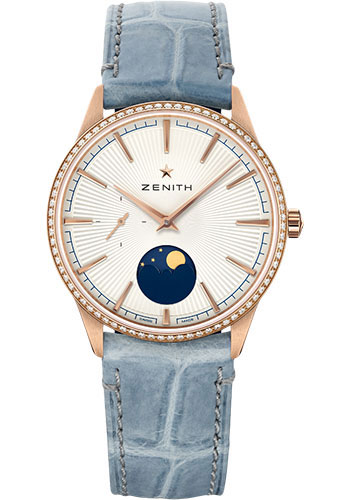 Zenith Elite Moonphase Watch - Rose Gold - Diamond Bezel - Silver Dial - Blue Jean Alligator Strap