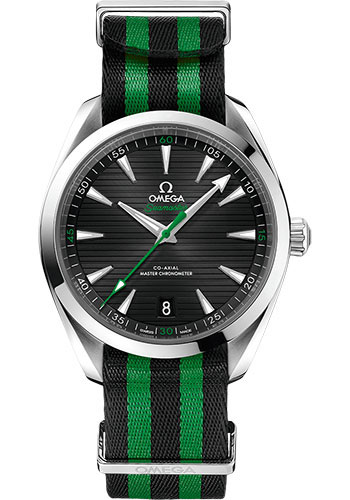 Omega Aqua Terra 150M Co-Axial Master Chronometer Golf Edition Watch - 41 mm Steel Case - Black Dial - Black And Green Striped Nato Strap
