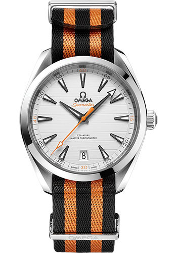 Omega Aqua Terra 150M Co-Axial Master Chronometer Golf Edition Watch - 41 mm Steel Case - Silvery Dial - Black And Orange Striped Nato Strap