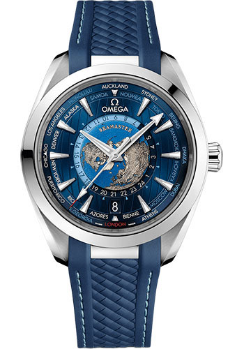 Omega Seamaster Aqua Terra 150M Omega Co-Axial Master Chronometer GMT Worldtimer - 43 mm Steel Case - Blue Dial - Blue Rubber Strap