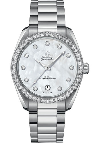 Omega Seamaster Aqua Terra 150M Co-Axial Master Chronometer Ladies Watch - 38 mm Steel Case - Diamond-Set Bezel - White Mother-Of-Pearl Diamond Dial