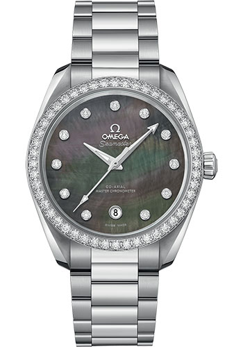 Omega Seamaster Aqua Terra 150M Co-Axial Master Chronometer Ladies Watch - 38 mm Steel Case - Diamond-Set Bezel - Tahiti Mother-Of-Pearl Diamond Dial