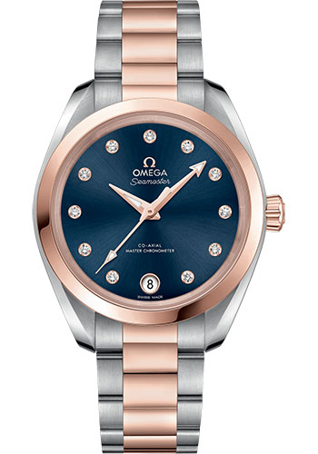 Omega Seamaster Aqua Terra 150M Co-Axial Master Chronometer Watch - 34 mm Steel And Sedna Gold Case - Glossy Ocean-Blue Diamond Dial