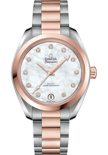 Omega Seamaster Aqua Terra 150M Co-Axial Master Chronometer Watch - 34 mm Steel And Sedna Gold Case - White Mother-Of-Pearl Diamond Dial