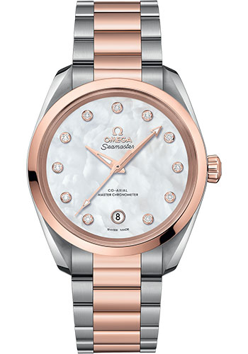 Omega Seamaster Aqua Terra 150M Co-Axial Master Chronometer Ladies Watch - 38 mm Steel And Sedna Gold Case - White Mother-Of-Pearl Diamond Dial