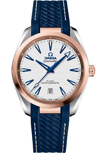 Omega Aqua Terra 150M Co-Axial Master Chronometer Watch - 38 mm Steel And Sedna Gold Case - Silvery Dial - Blue Structured Rubber Strap