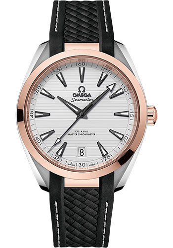 Omega Aqua Terra 150M Co-Axial Master Chronometer Watch - 41 mm Steel And Sedna Gold Case - Silvery Dial - Black Structured Rubber Strap