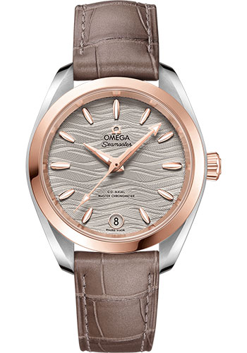Omega Seamaster Aqua Terra 150M Co-Axial Master Chronometer Watch - 34 mm Steel And Sedna Gold Case - Waved Agate Grey Dial - Taupe-Brown Leather Strap