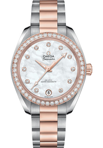 Omega Seamaster Aqua Terra 150M Co-Axial Master Chronometer Watch - 34 mm Steel And Sedna Gold Case - Diamond-Set Bezel - White Mother-Of-Pearl Diamond Dial