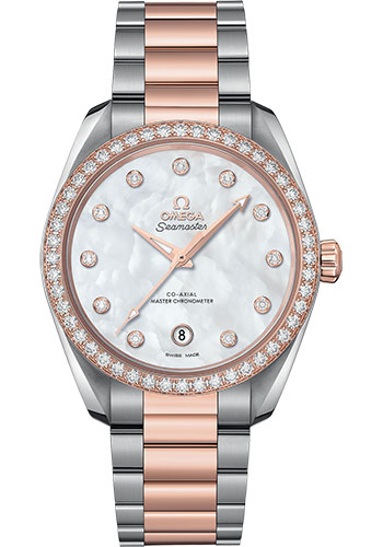 Omega Seamaster Aqua Terra 150M Co-Axial Master Chronometer Ladies Watch - 38 mm Steel And Sedna Gold Case - White Mother-Of-Pearl Diamond Dial