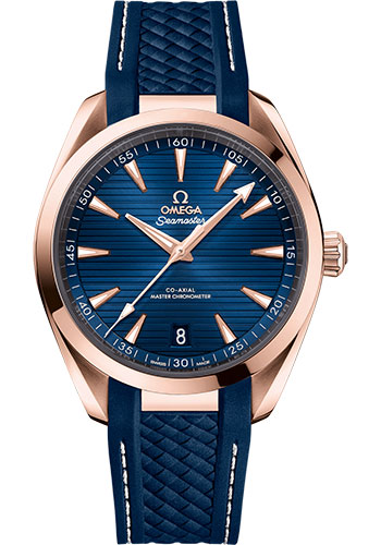 Omega Seamaster Aqua Terra 150M Co-Axial Master Chronometer Watch - 41 mm Sedna Gold Case - Blue Dial - Blue Rubber Strap