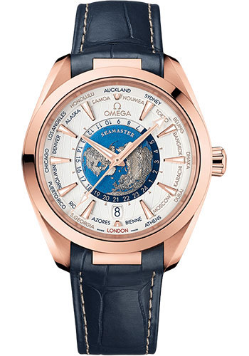 Omega Seamaster Aqua Terra 150M Omega Co-Axial Master Chronometer GMT Worldtimer - 43 mm Sedna Gold Case - Opaline Silvery Dial - Blue Leather Strap