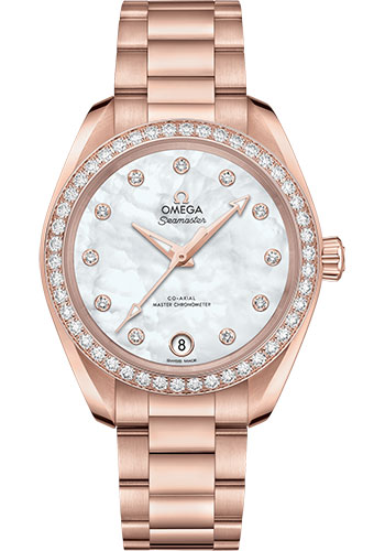 Omega Seamaster Aqua Terra 150M Co-Axial Master Chronometer Watch - 34 mm Sedna Gold Case - Diamond-Set Bezel - White Mother-Of-Pearl Diamond Dial