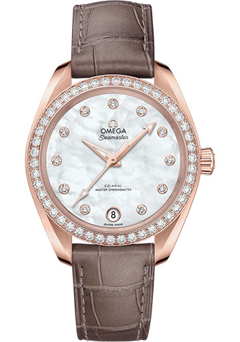 Omega Seamaster Aqua Terra 150M Co-Axial Master Chronometer Watch - 34 mm Sedna Gold Case - Diamond-Set Bezel - White Mother-Of-Pearl Diamond Dial - Taupe-Brown Leather Strap