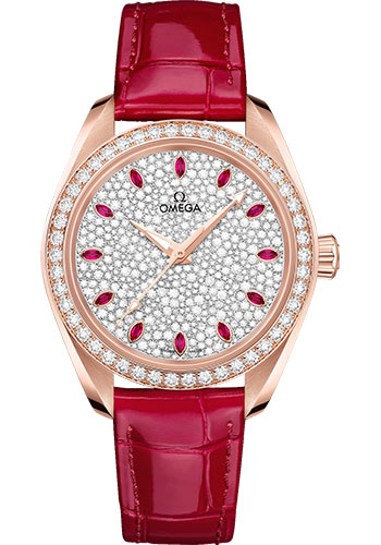 Omega Seamaster Aqua Terra 150M Co-Axial Master Chronometer Watch - 34 mm Sedna Gold Case - Diamond-Set Bezel - Radiant Diamond Dial - Glossy Red Leather Strap