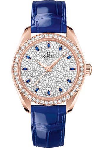Omega Seamaster Aqua Terra 150M Co-Axial Master Chronometer Watch - 34 mm Sedna Gold Case - Diamond-Set Bezel - Radiant Diamond Dial - Glossy Blue Leather Strap
