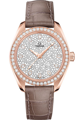 Omega Seamaster Aqua Terra 150M Co-Axial Master Chronometer Watch - 34 mm Sedna Gold Case - Diamond-Set Bezel - Radiant Diamond Dial - Taupe-Brown Leather Strap