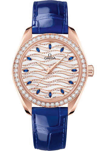 Omega Seamaster Aqua Terra 150M Omega Co-Axial Master Chronometer - 34 mm Sedna Gold Case - Diamond Bezel - White Diamond Wave Sapphire Dial - Glossy Blue Leather Strap