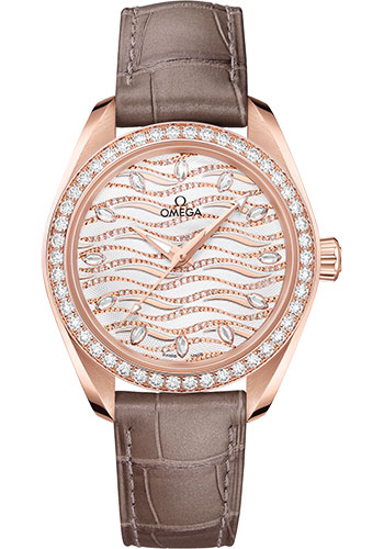 Omega Seamaster Aqua Terra 150M Co-Axial Master Chronometer Watch - 34 mm Sedna Gold Case - Diamond-Set Bezel - Radiant Diamond Dial - Taupe-Brown Leather Strap