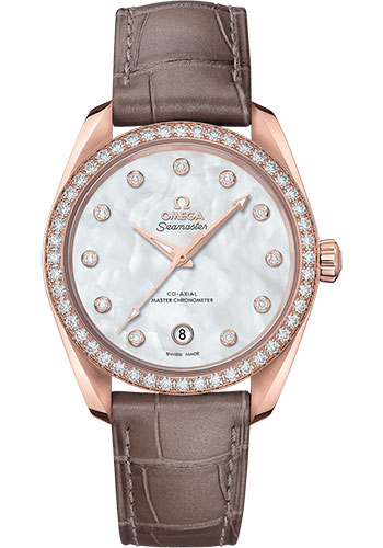 Omega Seamaster Aqua Terra 150M Co-Axial Master Chronometer Ladies Watch - 38 mm Sedna Gold Case - White Mother-Of-Pearl Diamond Dial - Taupe-Brown Leather Strap