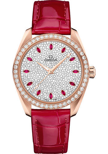 Omega Seamaster Aqua Terra 150M Co-Axial Master Chronometer Ladies' Watch - 38 mm Sedna Gold Case - Fully Paved Diamond Dial - Glossy Red Leather Strap