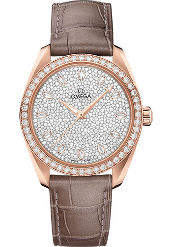 Omega Seamaster Aqua Terra 150M Co-Axial Master Chronometer Ladies Watch - 38 mm Sedna Gold Case - Diamond-Set Bezel - Radiant Diamond Dial - Taupe-Brown Leather Strap