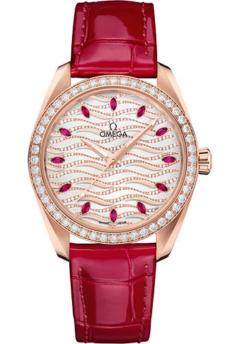 Omega Seamaster Aqua Terra 150M Co-Axial Master Chronometer Ladies' Watch - 38 mm Sedna Gold Case - Radiant Wave Pattern Diamond Dial - Glossy Red Leather Strap