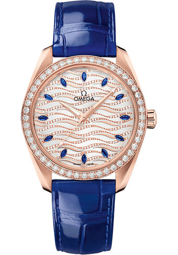 Omega Seamaster Aqua Terra 150M Omega Co-Axial Master Chronometer Ladies' - 38 mm Sedna Gold Case - Diamond Bezel - White Diamond Wave Sapphire Dial - Glossy Blue Leather Strap