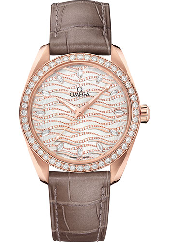 Omega Seamaster Aqua Terra 150M Co-Axial Master Chronometer Ladies Watch - 38 mm Sedna Gold Case - Diamond-Set Bezel - Radiant Diamond Dial - Taupe-Brown Leather Strap