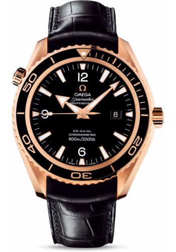 Omega Seamaster Planet Ocean Big Size Watch - 45.5 mm Red Gold Case - Unidirectional Bezel - Black Dial - Black Leather Strap