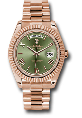 Rolex Everose Gold Day-Date 40 Watch - Fluted Bezel - Olive Green Bevelled Roman Dial - President Bracelet