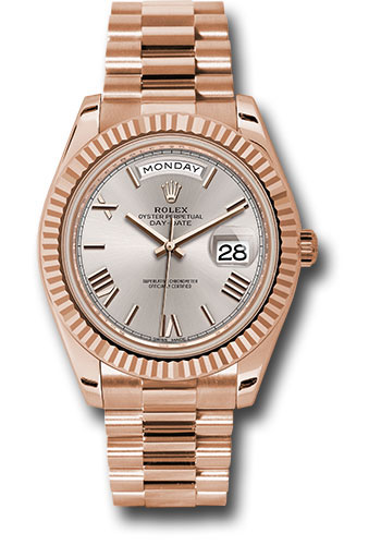 Rolex Everose Gold Day-Date 40 Watch - Fluted Bezel - Sundust Bevelled Roman Dial - President Bracelet