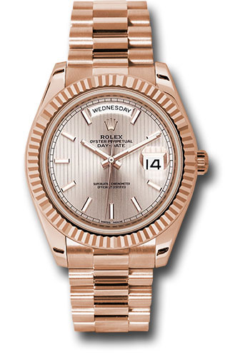 Rolex Everose Gold Day-Date 40 Watch - Fluted Bezel - Sundust Strip Motif Index Dial - President Bracelet