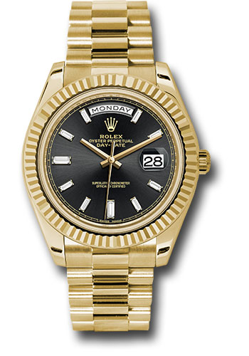 Rolex Yellow Gold Day-Date 40 Watch - Fluted Bezel - Black Baguette Diamond Dial - President Bracelet
