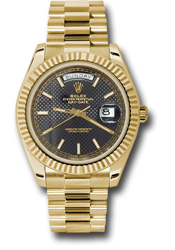Rolex Yellow Gold Day-Date 40 Watch - Fluted Bezel - Black Diagonal Motif Index Dial - President Bracelet